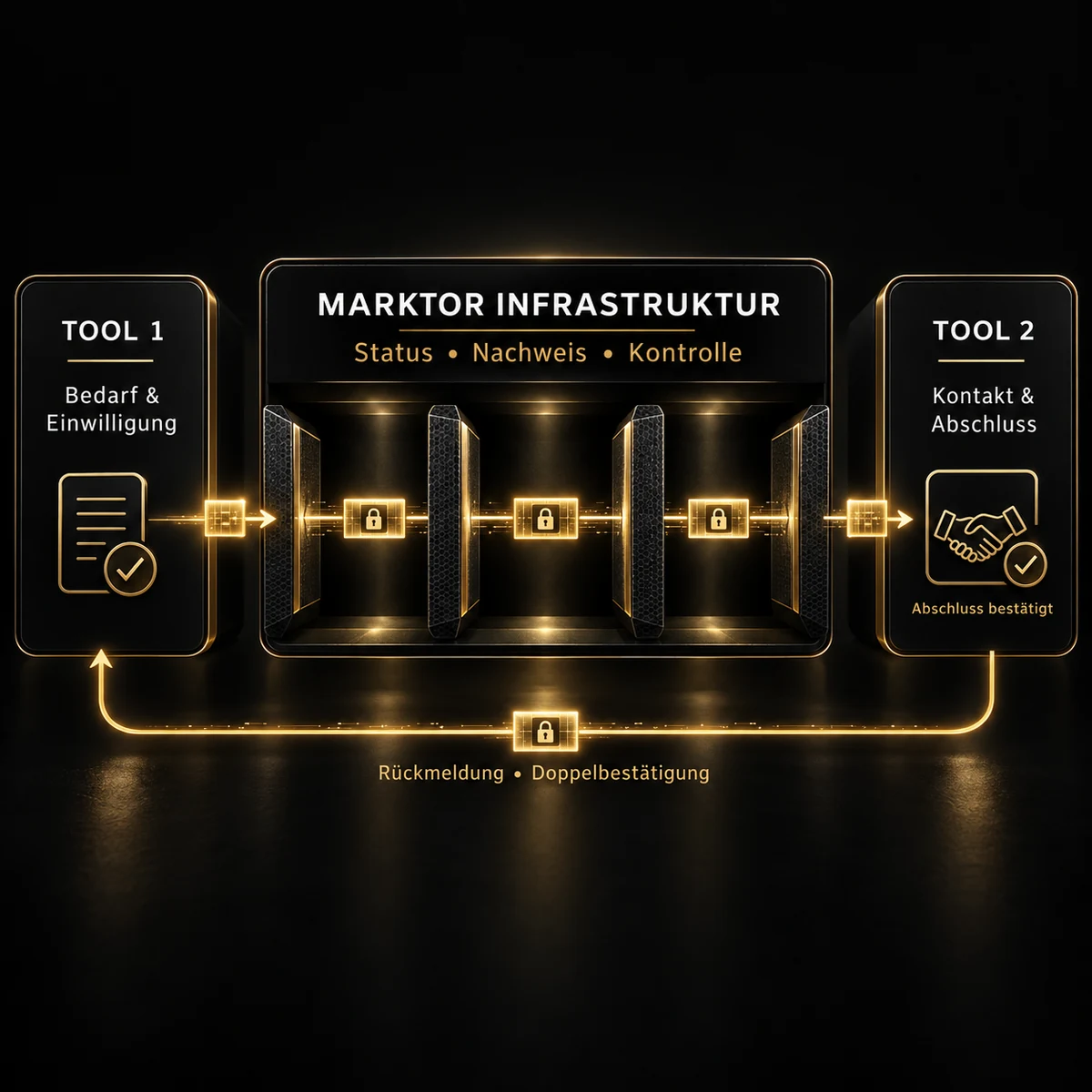 Abstrakte Darstellung des kontrollierten Datenflusses zwischen Tool 1, Infrastruktur und Tool 2.